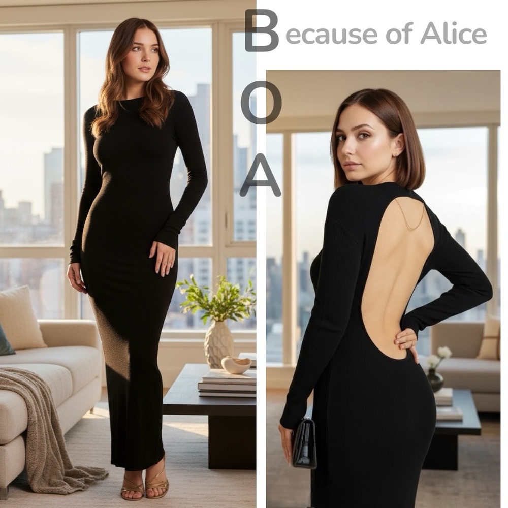 BOA Black Open back Cutout knit long sleeve maxi dress size Medium